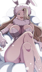 Rule 34 | 1girl, animal ears, blonde hair, blue eyes, breasts, cleavage, commentary, creatures (company), crossed legs, earrings, elbow gloves, english commentary, fake animal ears, fur scarf, game freak, gloves, hair over eyes, highres, jewelry, large breasts, legs, leotard, long hair, mature female, melony (pokemon), nintendo, open mouth, pokemon, pokemon swsh, rabbit ears, scarf, sitting, snowing, solo, thighs, very long hair, vivivoovoo, white background, white footwear, white gloves, white leotard, winter hat