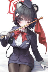 Rule 34 | 1girl, absurdres, animal ears, black eyes, black hair, black hat, black skirt, blue archive, blush, bow, bowtie, breasts, buttons, collared shirt, extra ears, flag, formal, hair between eyes, halo, hat, highres, holding, holding flag, large breasts, long sleeves, looking at viewer, official alternate costume, one eye closed, parted lips, pencil skirt, pleated skirt, qc6, red bow, red bowtie, red halo, shirt, short hair, simple background, skirt, solo, suit, tsubaki (blue archive), tsubaki (guide) (blue archive), white background, white shirt