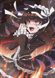 Rule 34 | 1girl, :d, black hair, black jacket, brown background, brown hair, celestia ludenberg, center frills, colored inner hair, cowboy shot, danganronpa: trigger happy havoc, danganronpa (series), drill hair, earrings, fang, fingernails, fire, frills, gradient background, hands up, headdress, highres, jacket, jewelry, lace, lace-trimmed skirt, lace trim, long hair, long sleeves, multicolored hair, nail polish, open clothes, open jacket, open mouth, own hands clasped, own hands together, red eyes, red nails, sharp fingernails, skirt, smile, solo, sweat, teeth, tongue, tsunemi aosa, twin drills, upper teeth only