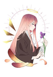 Rule 34 | 1girl, absurdres, arknights, avi (baltika seven), brown jacket, collared shirt, detached wings, energy wings, feathers, flower, from side, halo, highres, holding, holding flower, jacket, layered sleeves, lemuen (arknights), long hair, long sleeves, pink hair, profile, purple flower, shirt, simple background, solo, upper body, very long hair, white background, white shirt, wings