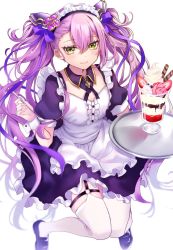 Rule 34 | 1girl, apron, black footwear, blush, bow, closed mouth, dress, fingernails, frilled apron, frilled dress, frills, green eyes, hair between eyes, hair bow, hamu (plot sy), highres, holding, holding spoon, holding tray, loafers, long hair, maid headdress, nagi (shironeko project), parfait, puffy short sleeves, puffy sleeves, purple bow, purple dress, shironeko project, shoes, short sleeves, simple background, smile, solo, spoon, thighhighs, tray, twintails, very long hair, wafer stick, waist apron, white apron, white background, white thighhighs, wrist cuffs