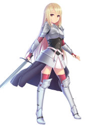 Rule 34 | 1girl, armor, blonde hair, fingerless gloves, gloves, greaves, ihara asta, long hair, looking at viewer, original, pleated skirt, red thighhighs, ribbon, skirt, solo, sword, thighhighs, weapon, white background, yellow eyes