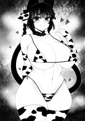 Rule 34 | 1girl, animal ears, animal print, blunt bangs, blush, braid, breasts, cat ears, cat girl, cat tail, cleavage, closed mouth, commentary request, cow ears, cow print, elbow gloves, extra ears, gloves, greyscale, groin, haseru (ginku mh), heart, huge breasts, kaenbyou rin, looking at viewer, monochrome, multiple tails, navel, nekomata, pointy ears, short hair, solo, tail, thighhighs, touhou, two tails