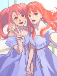 Rule 34 | 2girls, blue dress, blue nails, breasts, bright pupils, brown eyes, celica (fire emblem), dress, earrings, fire emblem, fire emblem echoes: shadows of valentia, floating hair, highres, holding hands, jewelry, long hair, looking at viewer, mae (fire emblem), medium breasts, multiple girls, nintendo, o-ring, off-shoulder dress, off shoulder, open mouth, orange hair, pink hair, red eyes, smile, twintails, v, white pupils, yama0109