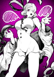 Rule 34 | 1girl, :o, absurdres, blush, breasts, commentary, dress, eyelashes, feet out of frame, greyscale with colored background, hair rings, headphones, highres, jacket, large breasts, looking at viewer, monochrome, multicolored hair, off shoulder, one piece, one piece film: red, open clothes, open jacket, open mouth, purple background, purple eyes, short dress, short hair with long locks, sleeveless, sleeveless dress, solo, spot color, standing, taut clothes, taut dress, thighs, two-tone hair, uta (one piece), yotsumi shiro