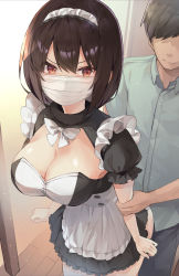 Rule 34 | 1boy, 1girl, absurdres, apron, arm grab, bow, bowtie, breasts, brown hair, cleavage, hetero, highres, implied sex, large breasts, maid, maid apron, maid headdress, masco, mask, mouth mask, original, puffy short sleeves, puffy sleeves, red eyes, short hair, short sleeves, white apron, white neckwear