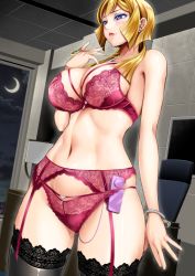 Rule 34 | 1girl, bare arms, bare shoulders, black thighhighs, blonde hair, blush, bra, bracelet, breasts, cleavage, cowboy shot, crescent moon, curvy, exhibitionism, eyelashes, eyeshadow, garter belt, gundam, gundam tekketsu no orphans, indoors, itachou, jewelry, kudelia aina bernstein, lace, lace-trimmed legwear, lace trim, large breasts, lingerie, long hair, looking away, makeup, moon, navel, necklace, night, panties, parted lips, public indecency, purple eyes, red bra, red panties, remote control vibrator, sex toy, smile, solo, stomach, sweat, thighhighs, underwear, underwear only, vibrator, vibrator under clothes, vibrator under panties
