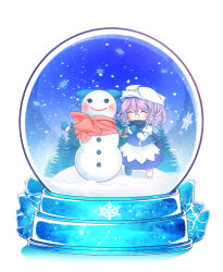 Rule 34 | 1girl, ako (opelia), apron, blue scarf, blush, chibi, closed eyes, hand on own chest, hat, highres, ice, juliet sleeves, letty whiterock, light purple hair, long sleeves, mittens, pine tree, puffy sleeves, red scarf, scarf, short hair, simple background, skirt, skirt set, smile, snow globe, snowflakes, snowman, solo, touhou, tree, waist apron, white background
