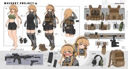Rule 34 | 1girl, absurdres, ahoge, assault rifle, backpack, bag, barefoot, belt, bike shorts, black shorts, blonde hair, blue eyes, blush, boots, bra, braid, breasts, brown footwear, character name, character sheet, cleavage, commentary, cz 805 bren, english commentary, english text, equipment layout, glock, gloves, green bra, grey hoodie, gun, headset, height, highres, holster, holstered, hood, hoodie, indie virtual youtuber, knee pads, knife, large breasts, load bearing vest, long hair, looking at viewer, magazine (weapon), midriff, mole, mole under eye, multiple views, radio, rifle, shorts, single braid, smile, sports bra, suppressor, thigh holster, twitter username, underwear, virtual youtuber, watch, weapon, whiskey project, white background, wristwatch, xerbatt