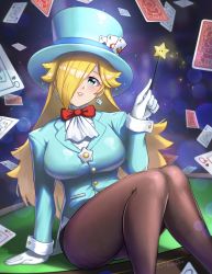 Rule 34 | 1girl, arm support, artist name, blonde hair, blue eyes, blue hat, bow, bowtie, breasts, brown pantyhose, burnt green tea, buttons, card, cuff links, dice earrings, earrings, eyelashes, feet out of frame, gloves, hair over one eye, hat, highres, holding, holding wand, jewelry, large breasts, legs, long hair, long sleeves, magician, mario (series), nintendo, pantyhose, parted lips, playing card, poker table, red bow, red bowtie, rosalina, sitting, sleeve cuffs, smile, solo, sparkle, super mario galaxy, table, tailcoat, top hat, wand, white gloves