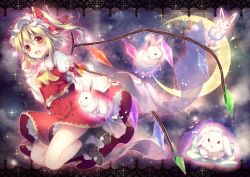 Rule 34 | 1girl, blonde hair, blush, boots, bow, rabbit, choker, crescent moon, flandre scarlet, hat, hat bow, moon, open mouth, red eyes, riichu, short hair, side ponytail, skirt, solo, space, touhou, wings
