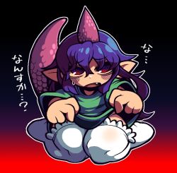 Rule 34 | 1girl, black background, blush, chibi, commentary request, fang, full body, gradient background, green shirt, hair between eyes, horns, lizard tail, long bangs, long hair, looking at viewer, open mouth, panties, pink horns, pointy ears, purple hair, red background, red eyes, shirt, single horn, sitting, solo, sweatdrop, tail, tenkajin chiyari, thighhighs, tonchamon san, touhou, translation request, underwear, wariza, white panties, white thighhighs