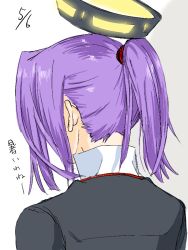 Rule 34 | 10s, 1girl, alternate hairstyle, dated, facing away, from behind, halo, kantai collection, long hair, mechanical halo, nape, ponytail, purple hair, simple background, solo, tatsuta (kancolle), translation request, tsukimi 50