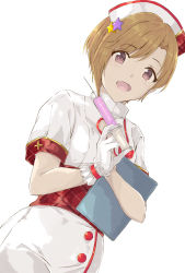 Rule 34 | 1girl, aiba yumi, blonde hair, blush, breasts, brown eyes, commentary request, duffy, gloves, hair ornament, highres, holding, holding syringe, idolmaster, idolmaster cinderella girls, looking at viewer, open mouth, short hair, short sleeves, simple background, smile, solo, star (symbol), star hair ornament, syringe, white background, white gloves