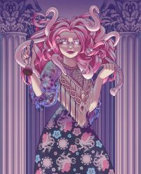 Rule 34 | 1girl, artist request, dress, floral print dress, glasses, holding makeup brush, long hair, looking at viewer, monster high, neck tassel, pink hair, snake hair, solo, third-party source, viperine gorgon