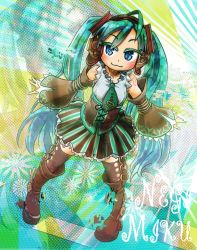 Rule 34 | 1girl, :3, ahoge, aqua hair, arm tattoo, arms at sides, bare shoulders, black thighhighs, blue eyes, boots, chain, chamaji, character name, closed mouth, collarbone, colored eyelashes, corset, detached sleeves, digital dissolve, eyelashes, eyes visible through hair, frilled skirt, frills, full body, hatsune miku, headphones, highres, lace, long hair, looking at viewer, miniskirt, necktie, no pupils, outstretched arms, shirt, skirt, sleeveless, sleeveless shirt, smile, solo, standing, tattoo, thighhighs, twintails, very long hair, vocaloid, wide sleeves, zettai ryouiki