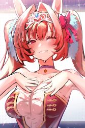Rule 34 | 1girl, animal ears, bare shoulders, blush, breasts, choker, cleavage, commentary request, daiwa scarlet (umamusume), dress, grin, highres, horse ears, large breasts, long hair, looking at viewer, one eye closed, purple choker, red eyes, red hair, smile, solo, solokitsune, starting future (umamusume), strapless, strapless dress, tiara, umamusume, upper body, very long hair