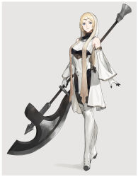 Rule 34 | 1girl, axe, blonde hair, blue eyes, boots, breasts, circlet, commentary request, detached sleeves, fantasy, full body, gloves, grey background, highres, holding, holding axe, huge weapon, km yama, long hair, looking at viewer, medium breasts, original, parted bangs, solo, standing, thigh boots, weapon