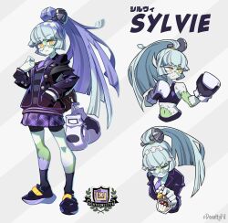 Rule 34 | 1girl, bag, black footwear, black jacket, black shorts, black socks, blush, boxing, boxing gloves, buttons, colored skin, cupcake, donuttypd, expressions, food, gloves, green hair, highres, holding, holding bag, jacket, long hair, looking at viewer, looking away, looking down, multicolored skin, necktie, original, pleated skirt, ponytail, purple necktie, purple skirt, ribbon, school uniform, screw, shoes, shorts, shorts under skirt, skirt, socks, sports bra, stitched arm, stitched face, stitched leg, stitches, striped, sylvie (donuttypd), transparent bag, yellow eyes
