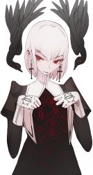 Rule 34 | 1girl, absurdres, bird, commentary, cross, cross earrings, crow, ear piercing, earrings, english commentary, eye print, gloves, high collar, highres, jewelry, kisatsuki, looking at viewer, original, piercing, puffy sleeves, red eyes, short hair, simple background, solo, white background, white hair