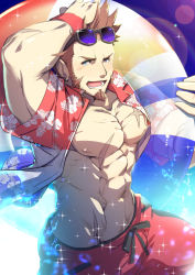 Rule 34 | 1boy, abs, bad id, bad pixiv id, bara, beard, blue eyes, blush, brown hair, commentary request, facial hair, fate/grand order, fate (series), glasses, highres, large pectorals, long sideburns, looking at viewer, male focus, muscular, napoleon bonaparte (fate), nipples, open clothes, open mouth, open shirt, pectoral cleavage, pectorals, scar, shorts, sideburns, smile, solo, swimsuit, teeth, waku (ayamix)