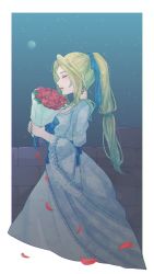 Rule 34 | 1girl, bad id, bad twitter id, blonde hair, blue dress, blue ribbon, bouquet, celes chere, closed eyes, closed mouth, dress, earrings, final fantasy, final fantasy vi, flower, from side, full moon, hair ribbon, highres, holding, holding bouquet, jewelry, leaf, long hair, moon, necklace, petals, ponytail, red flower, red rose, ribbon, rose, solo, toufu (toufu 53), wide sleeves