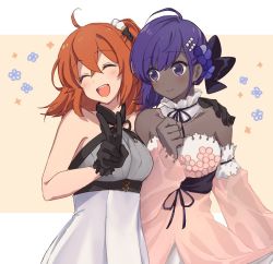 Rule 34 | 2girls, ahoge, black gloves, closed eyes, dark-skinned female, dark skin, dress, eyebrows hidden by hair, fate/grand order, fate/prototype, fate (series), fujimaru ritsuka (female), fujimaru ritsuka (female) (waltz in the moonlight/lostroom), gloves, grabbing, hair between eyes, hair ornament, hairband, hairclip, hassan of serenity (fate), hassan of serenity (lostroom outfit) (fate), looking at another, looking at viewer, multiple girls, nm222, off shoulder, official alternate costume, open mouth, orange hair, purple eyes, purple hair, short hair, skirt, sleeveless, sleeveless dress, smile, victory pose