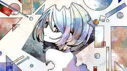 Rule 34 | 1girl, blue eyes, blue hair, closed mouth, commentary request, from behind, gradient eyes, halftone, highres, looking at viewer, looking back, machigami yoh, multicolored eyes, orange eyes, original, partial commentary, shapes, short hair, solo, upper body, watercolor effect