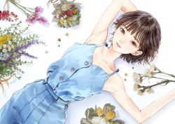 Rule 34 | 1girl, :o, arm behind head, armpits, blue dress, brown eyes, brown hair, buttons, cowboy shot, dress, earrings, flower, fukada eimi, jewelry, kishida mel, looking at viewer, lying, real life, short hair, smile, solo, white background