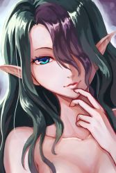 Rule 34 | 1girl, aqua eyes, breasts, cleavage, collarbone, elf, green hair, hair ornament, hair over one eye, highres, image sample, lips, long hair, medium breasts, misery (outer zone), multicolored hair, nude, out-of-frame censoring, outer zone, pointy ears, purple hair, reimaco, solo, two-tone hair
