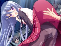 Rule 34 | 1girl, :d, arms up, ass, blue hair, blush, clothes lift, comsome, faceless, faceless male, game cg, inugahora an, long hair, looking back, motion blur, open mouth, outstretched arms, panties, panties under pantyhose, pantyhose, purple eyes, school uniform, shikura yoshika, skirt, skirt flip, skirt lift, smile, solo focus, teasing, thighband pantyhose, underwear, upskirt, very long hair