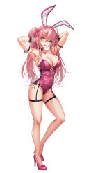 Rule 34 | 1girl, absurdres, animal ears, arm strap, armpits, bare shoulders, breasts, covered navel, earrings, fake animal ears, full body, green eyes, high heels, highres, jewelry, large breasts, leotard, long hair, looking at viewer, original, parted lips, pink footwear, pink hair, pink leotard, playboy bunny, rabbit ears, sakiyamama, simple background, smile, solo, thighs, twintails, white background