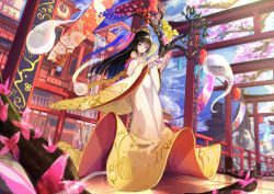 Rule 34 | 1girl, architecture, bare shoulders, black hair, breasts, cherry blossoms, east asian architecture, hair ornament, japanese clothes, long hair, looking at viewer, original, plant roots, rei (farta litia), small breasts, solo, wide sleeves