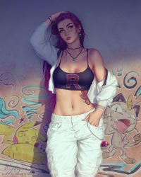 Rule 34 | 1girl, adapted costume, adjusting hair, alternate costume, arbok, breasts, cleavage, commentary, creatures (company), crop top, cropped jacket, english commentary, game freak, gen 1 pokemon, graffiti, highres, jacket, jessie (pokemon), jewelry, krystopher decker, long hair, medium breasts, meowth, navel, necklace, nintendo, pants, pikachu, poke ball, poke ball (basic), pokemon, pokemon (anime), purple hair, solo, stomach, stomach tattoo, tank top, tattoo, team rocket, wall, white jacket, white pants