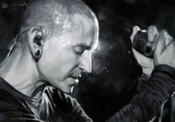 Rule 34 | 1boy, chester charles bennington, ear piercing, facial hair, greyscale, hungry clicker, jewelry, linkin park, long sleeves, male focus, manly, microphone, monochrome, music, piercing, real life, realistic, shaved head, shirt, singing, solo, tattoo