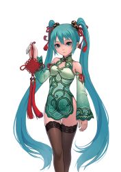 Rule 34 | 1girl, aqua eyes, aqua hair, aqua nails, bare shoulders, black thighhighs, china dress, chinese clothes, detached sleeves, dress, fkey, hair bobbles, hair ornament, hatsune miku, highres, long hair, looking at viewer, nail polish, project diva (series), project diva f, simple background, solo, thighhighs, twintails, very long hair, vocaloid, white background, world&#039;s end dancehall (vocaloid), zettai ryouiki