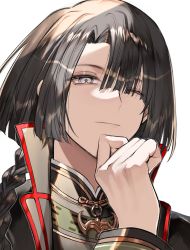 Rule 34 | 1boy, black coat, black hair, blunt bangs, braid, braided ponytail, clenched hand, coat, commentary, fate/grand order, fate (series), frown, gold trim, hand up, high collar, highres, kuga huna, long sleeves, looking at viewer, looking down, male focus, one eye closed, ponytail, purple eyes, short hair, simple background, single braid, solo, tai gong wang (fate), thinking, white background
