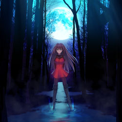 Rule 34 | 1girl, ame-kan, aozaki aoko, arms behind back, blue eyes, boots, breasts, brown hair, dress, forest, full moon, highres, knee boots, large breasts, long hair, mahou tsukai no yoru, moon, nature, pantyhose, red dress, solo, sweater, turtleneck, turtleneck sweater, type-moon