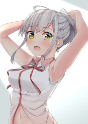 Rule 34 | 1girl, armpits, arms up, bare arms, bare shoulders, blush, breasts, collared shirt, commentary request, crescent, crescent earrings, earrings, grey hair, hekomii, jewelry, looking at viewer, medium breasts, navel, neck ribbon, open mouth, original, ponytail, red ribbon, ribbon, shirt, sidelocks, sleeveless, sleeveless shirt, solo, sweat, upper body, white shirt, yellow eyes