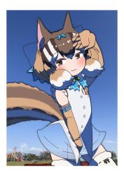 Rule 34 | 1girl, animal ears, brown eyes, brown hair, chipmunk ears, chipmunk girl, chipmunk tail, elbow gloves, extra ears, gloves, highres, kemono friends, kemono friends v project, looking at viewer, microphone, mugise hitsuji, outdoors, ribbon, shirt, short hair, shorts, siberian chipmunk (kemono friends), sleeveless, sleeveless shirt, solo, tail, thighhighs, vest, virtual youtuber