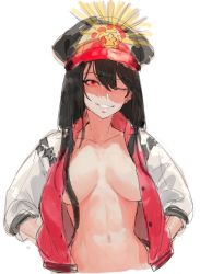 Rule 34 | bad id, bad twitter id, black hair, breasts, fate/grand order, fate (series), hands in pockets, hat, jacket, long hair, medium breasts, military hat, navel, oda nobunaga (fate), oda nobunaga (koha-ace), oda nobunaga (swimsuit berserker) (first ascension) (fate), one eye closed, open clothes, open jacket, out-of-frame censoring, peaked cap, red eyes, solo, suisogenshi, upper body