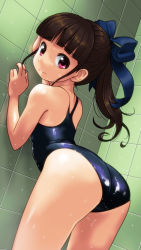 Rule 34 | 1girl, against wall, ass, bare arms, bare shoulders, blue bow, blue one-piece swimsuit, blue ribbon, bow, brown hair, commentary request, cowboy shot, dutch angle, from behind, from side, hair bow, hair ribbon, indoors, leaning forward, long hair, looking at viewer, looking back, one-piece swimsuit, original, ponytail, purple eyes, ribbon, rohitsuka, school swimsuit, solo, swimsuit, tile wall, tiles, wavy mouth, wet, wet clothes, wet swimsuit