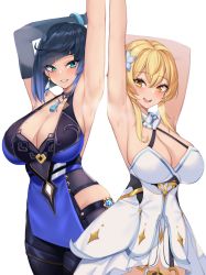Rule 34 | 2girls, armpits, arms up, blonde hair, blue dress, blue hair, bob cut, breasts, cleavage, colored tips, detached sleeves, diagonal bangs, dress, flower, genshin impact, green eyes, hair flower, hair ornament, highres, kuavera, large breasts, lumine (genshin impact), medium hair, mole, mole on breast, multicolored hair, multiple girls, open mouth, parted lips, presenting armpit, short hair, short hair with long locks, sidelocks, single detached sleeve, steaming body, sweat, tassel, waist cutout, white background, white dress, white flower, yelan (genshin impact), yellow eyes