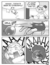 Rule 34 | 1girl, 3d rod!, comic, english text, fingerless gloves, gloves, greyscale, highres, horns, monochrome, monochrome, original, screaming, sheep girl, sheep horns, static electricity