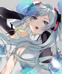Rule 34 | 1girl, black sleeves, blue eyes, breasts, cleavage, detached sleeves, dutch angle, floating hair, grey background, hands in hair, hatsune miku, hatsune miku (append), highres, long hair, long sleeves, looking at viewer, medium breasts, open mouth, silver hair, solo, tomori asano, upper body, very long hair, vocaloid, vocaloid append