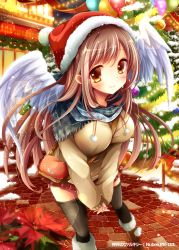 Rule 34 | 1girl, angel wings, bag, between breasts, black thighhighs, blush, boots, breasts, brown hair, christmas lights, christmas ornaments, christmas tree, cleavage, company name, handbag, hat, knee boots, large breasts, long hair, long sleeves, picpicgram, plaid, plaid skirt, red hat, red skirt, santa hat, shinkai no valkyrie, skirt, smile, solo, strap between breasts, thighhighs, wings, yellow eyes