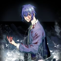 Rule 34 | 1boy, absurdres, blood, blood on clothes, blood on face, blue eyes, blue hair, hand up, highres, jacket, kaito (vocaloid), long sleeves, looking at viewer, male focus, messy hair, nosebleed, project sekai, solo, vivid bad squad (project sekai), vivid bad squad kaito, vocaloid, yu shu
