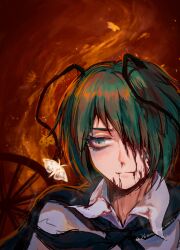 Rule 34 | 1girl, androgynous, antennae, black cape, blood, blood on face, cape, closed mouth, collared shirt, commentary request, expressionless, fire, green eyes, green hair, hair between eyes, hair over one eye, highres, hotaru kago, long bangs, looking to the side, shirt, short hair, solo, touhou, upper body, wheel, white shirt, wriggle nightbug