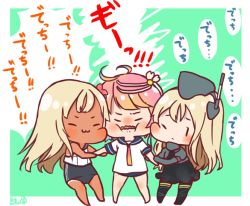 Rule 34 | 10s, 3girls, ahoge, brown hair, cheek-to-cheek, cheek squash, chibi, dual persona, girl sandwich, hair ornament, hat, heads together, holding another&#039;s arm, holding hands, i-58 (kancolle), kantai collection, kobone, long hair, multiple girls, pantyhose, ro-500 (kancolle), sandwiched, school swimsuit, school uniform, serafuku, short hair, simple background, swimsuit, swimsuit under clothes, tan, tanline, time paradox, translation request, u-511 (kancolle)