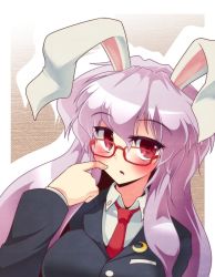 Rule 34 | 1girl, animal ears, bad id, bad pixiv id, bespectacled, blush, rabbit ears, buttons, close-up, crescent, female focus, glasses, long hair, necktie, open mouth, purple hair, red-framed eyewear, red eyes, reisen udongein inaba, solo, tama home, touhou, upper body